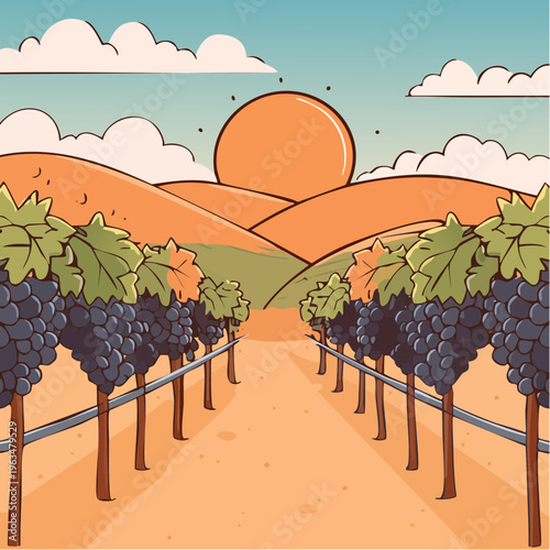 Vignoble au lever du soleil – illustration colorée