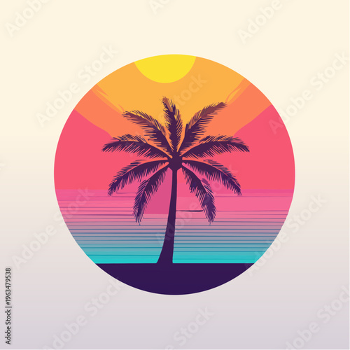 Coucher de soleil tropical rétro avec palmier