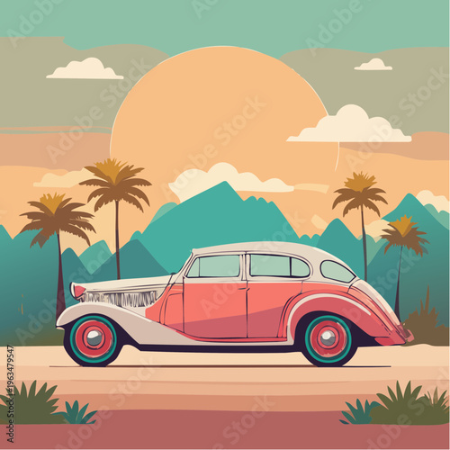 Coucher de soleil tropical rétro avec palmier