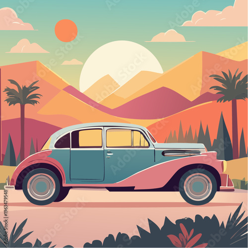 Coucher de soleil tropical rétro avec palmier