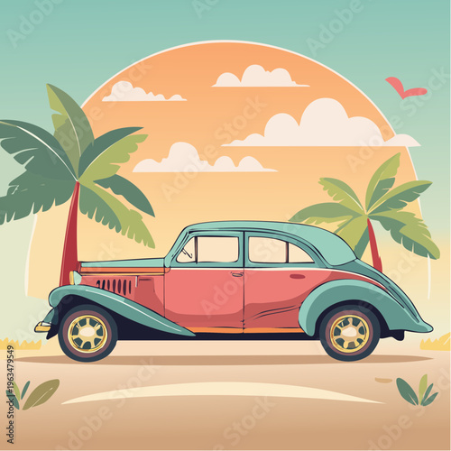 Coucher de soleil tropical rétro avec palmier