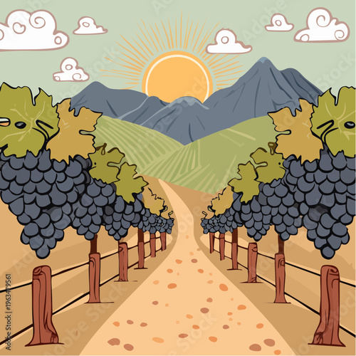 Vignoble au coucher de soleil en illustration paysagère