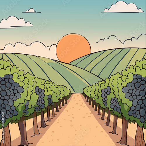 Vignoble au coucher de soleil en illustration paysagère