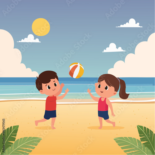 Enfants jouant au ballon sur une plage ensoleillée