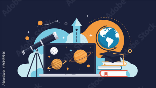 Astronomy education and science learning concept with a laptop showing planets, a telescope, globe, and academic books with graduation cap.