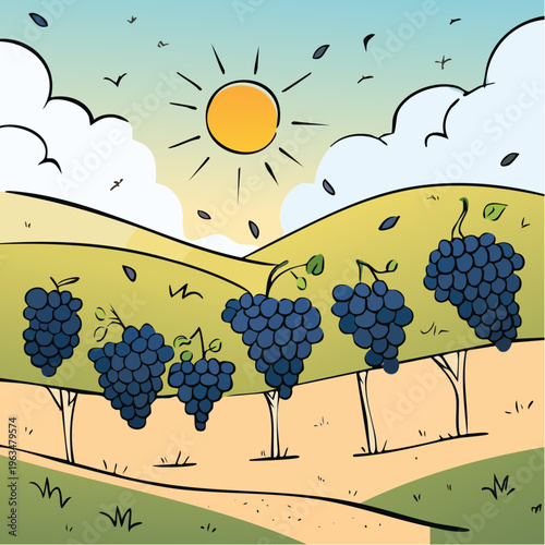 Vignoble au coucher de soleil en illustration paysagère