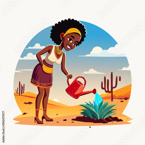 Personne arrosant une jeune plante en illustration écologique