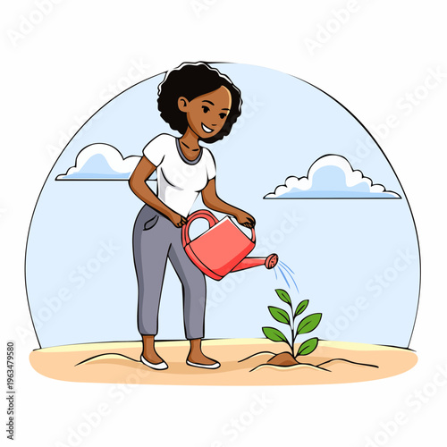 Personne arrosant une jeune plante en illustration écologique