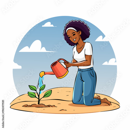 Femme noire arrosant une jeune plante en illustration écologique