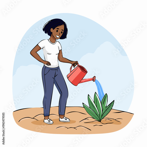 Femme noire arrosant une jeune plante en illustration écologique