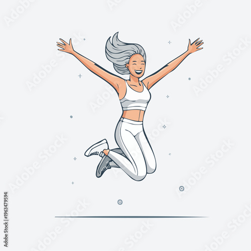 Jeune femme sautant de joie en tenue sportive blanche