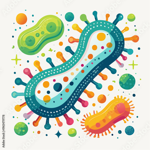 Illustration colorée de bactéries et micro‑organismes stylisés