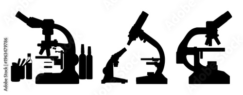Microscope set with sleek laboratory silhouette featuring scientific equipment, research tools, laboratory devices with academic study and clinical examination