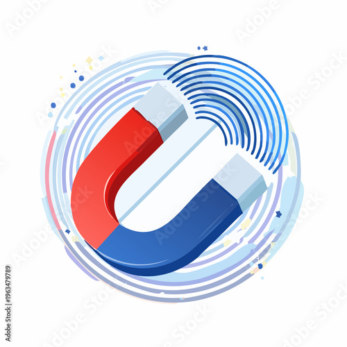 Illustration stylisée d’un aimant en fer à cheval et champ magnétique