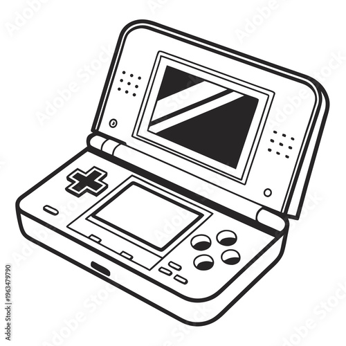 Retro gaming, handheld console, video game device, black and white illustration