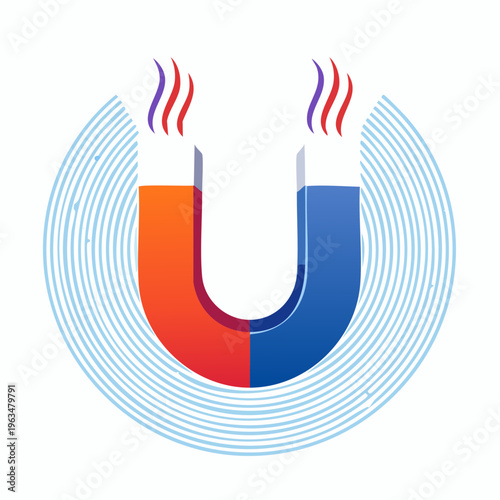 Illustration stylisée d’un aimant en fer à cheval et champ magnétique