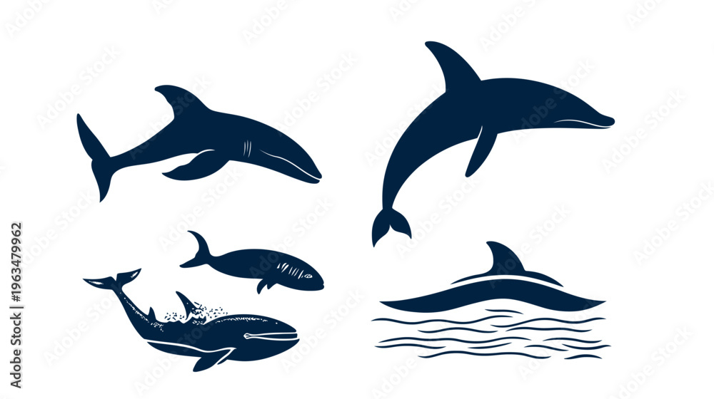 Obraz premium Silhouettes of marine mammals, including dolphins and whales, in a stylized graphic