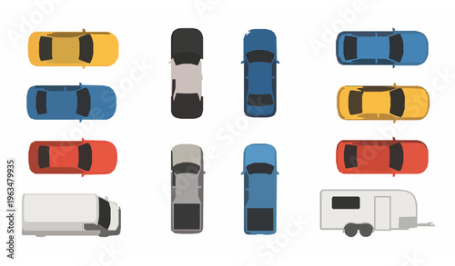 Top view city vehicles vector set with cars taxi police and transport icons