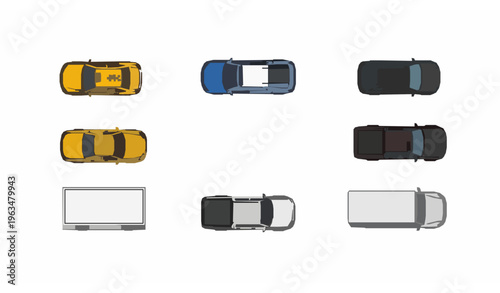 Top view car parking vector set with city vehicles and transport icons