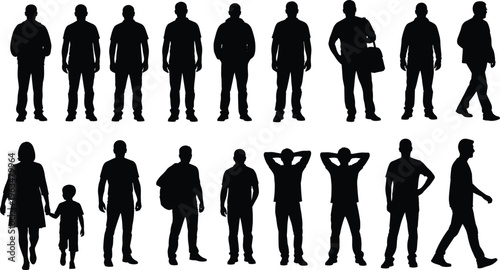 Large set of diverse people silhouettes featuring men women and children in various standing walking and casual poses for graphic design