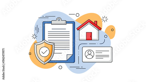 Home insurance and property contract concept featuring a house icon, clipboard document, and a security shield with checkmark symbol.