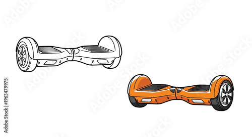 Illustration of a self balancing scooter shown in two color variations