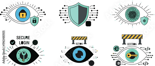 Cyber security authentication icons set with biometric eye scan fingerprint shield protection secure login and data privacy technology concepts