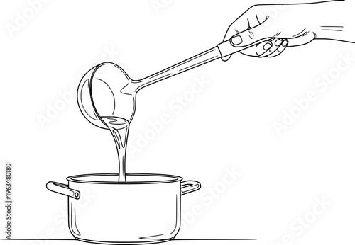 Hand pouring liquid from ladle into cooking pot line