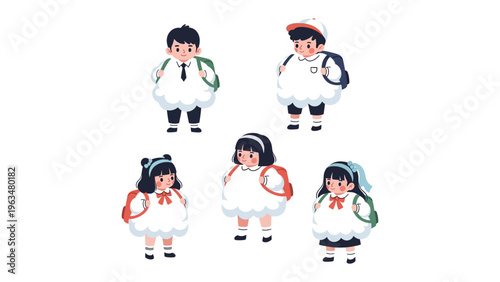 School kids Cloud Shape : A collection of school children with a unique cloud-shaped design, playfully prepared for their everyday routines. An imagery that brings delight and curiosity.