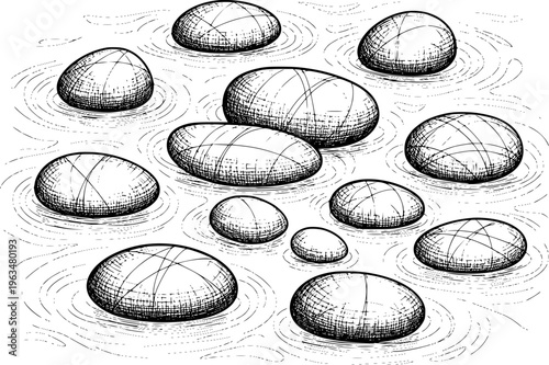 Hand Drawn of Smooth River Stones Floating Rippling Water Surface pebbles