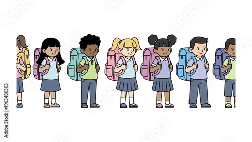 Backpack Crew: A diverse group of children, each with a backpack, stands ready for the start of the school day, filled with anticipation and curiosity.