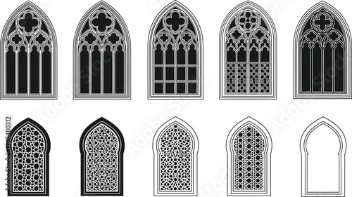 Gothic and Islamic Arch Window Vector Set Featuring Ornamental Architectural Frames Decorative Patterns and Vintage Church Window Designs for Creative Projects
