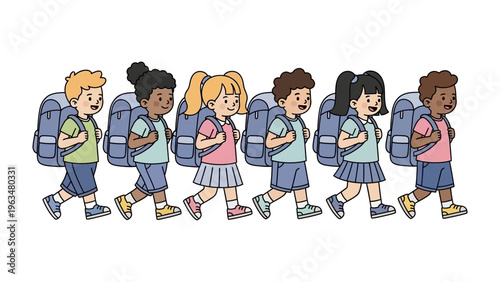 Marching to Learning: A vibrant procession of young students, each with a backpack, strides confidently forward, ready to embrace a new day of learning and growth. 