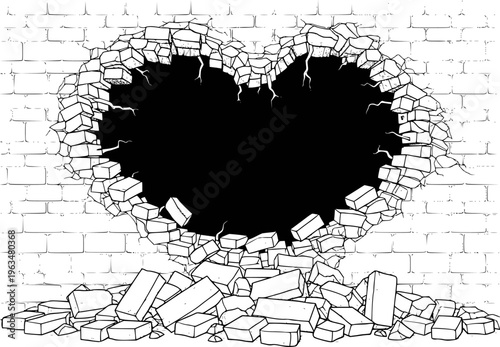 Heart Shaped Hole Broken Through White Brick Wall With Debris