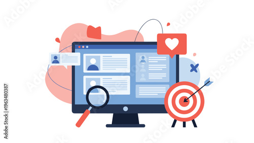 Social media marketing and targeted research concept featuring a dashboard with user profiles, heart like, and a target bullseye symbol.