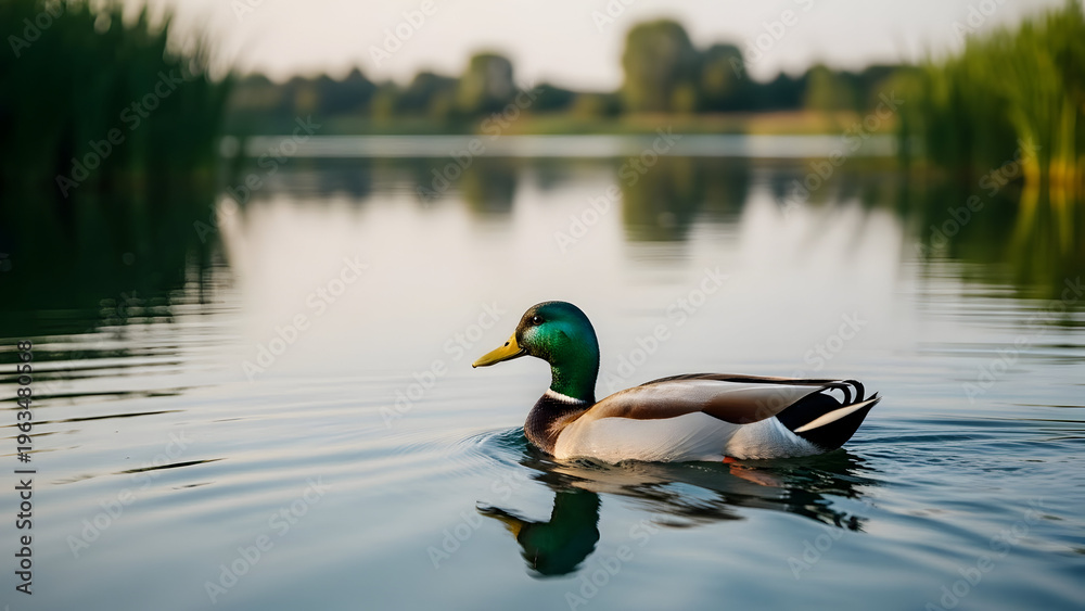 Fototapeta premium Duck swimming in serene pond