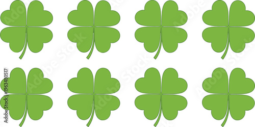 Green Four Leaf Clover Icon Set with Lucky Shamrock Symbols for St Patrick Day Designs, Irish Holiday Graphics, and Decorative Nature Vector Collection