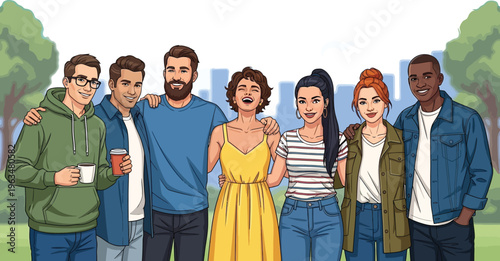 Large group of seven diverse young adults standing together outdoors with.