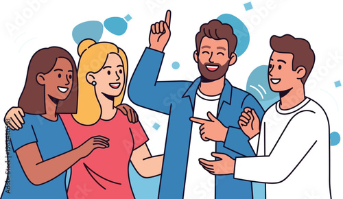 Diverse group of four friends smiling and interacting during a casual.