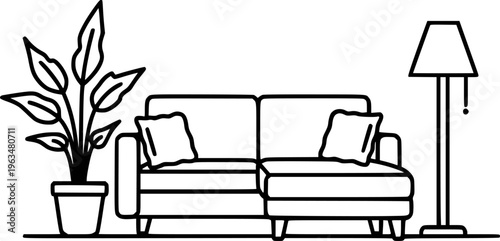 Minimalist line of a modern sectional sofa with potted plant and floor lamp couch