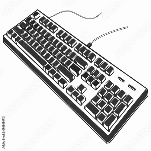 Computer keyboard, wired keyboard, black and white illustration, vector keyboard icon