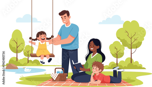 Multiracial family enjoys relaxing picnic time near pond with swingset.