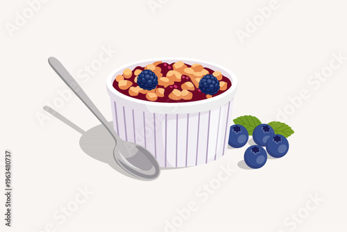 Photos Delicious Berry Pudding or Fruit Crumble in Ramekin with Fresh Blueberries and S