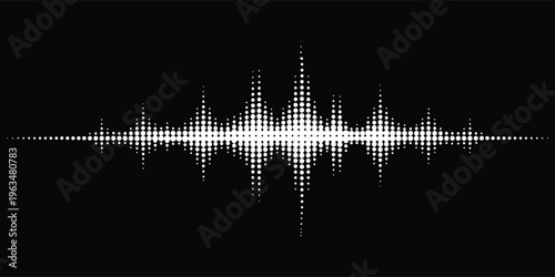 White audio waveform on black background representing digital sound signal visualization. Clean frequency spectrum design ideal for music, technology, and data interface projects. 