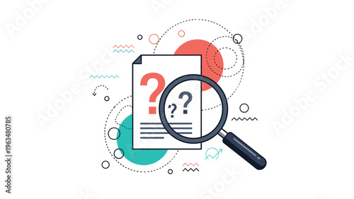 Information search and document analysis concept featuring a magnifying glass inspecting a paper document with red question marks.
