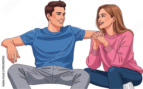 Young couple sitting close together holding hands and smiling warmly at.