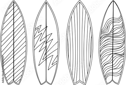 Outline surfboards with unique line patterns white background surfing ocean
