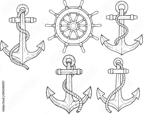 Nautical anchors and ship wheel line collection white background maritime