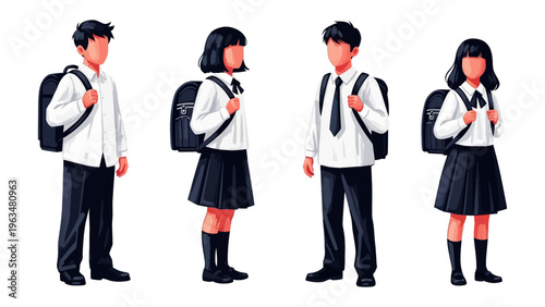 School Uniform Group: A group of students in coordinated school uniforms, with backpacks, ready for the school day.
