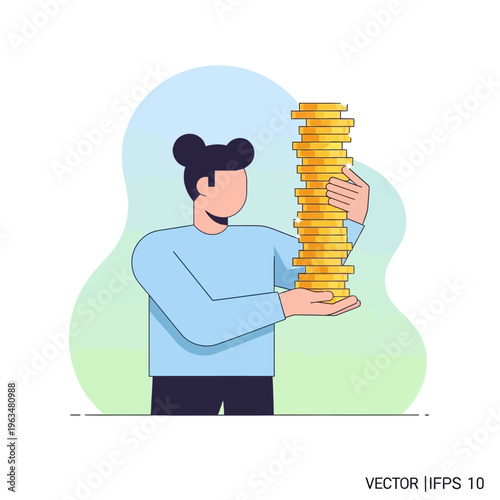 Person holding a large stack of gold coins, symbolizing wealth and financial success.